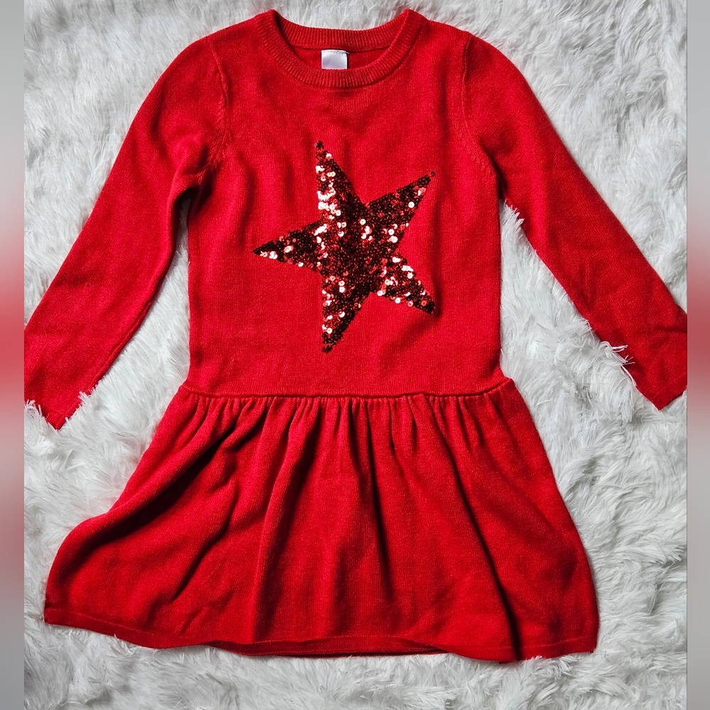 Cat And Jack Red Sweater Dress With Sequin Star 4/5